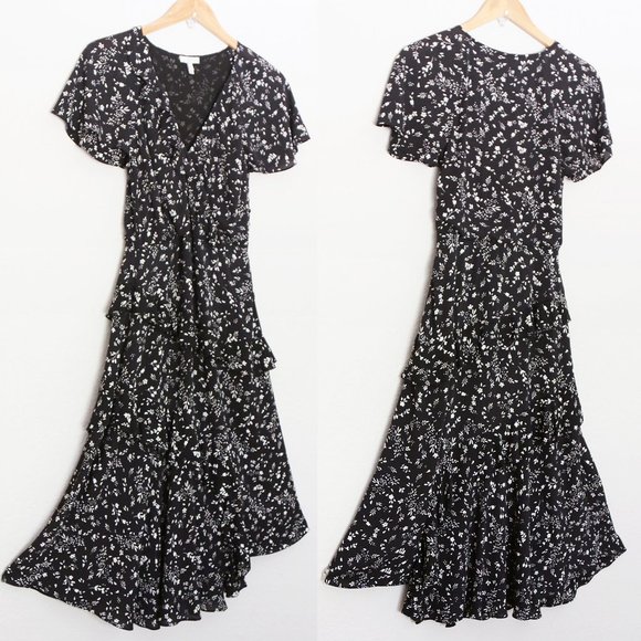 Joie Orita Midi Dress Size 2 Caviar Black White Floral Asymmetric Ruffles $348 - Picture 6 of 16